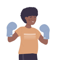 Little boy with boxing gloves. Fitness exercise, sport practicing program vector illustration