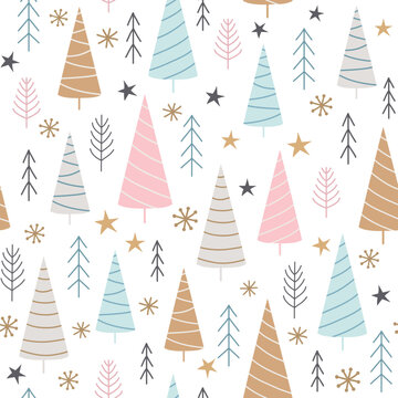 Winter seamless pattern with Christmas trees, stars and snowflakes. Vector illustration. It can be used for wallpapers, wrapping, cards, patterns for clothes and other.