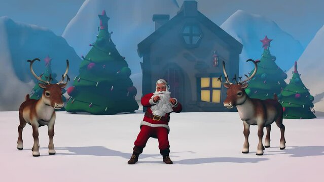 Merry Christmas deer and Santa Clauses. 3D rendering.