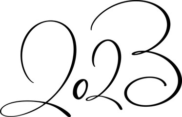 Hand drawn vector lettering calligraphy black number text 2023. Happy New Year greeting card. Vintage Christmas illustration design