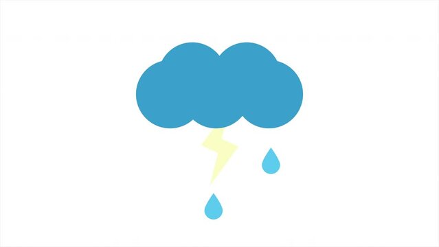 Rain and thunder animation. Cartoon animation of a blue cloud, raindrops and lightning on a white background.