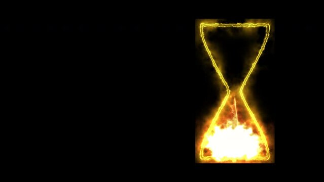 Animation Hourglass fiery gold contour glowing neon sand on a black background. Computer graphics