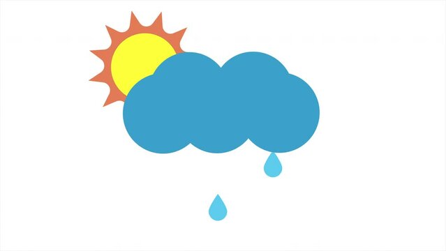 Rain and sun animation. Cartoon animation of a blue cloud, raindrops and sun on a white background.