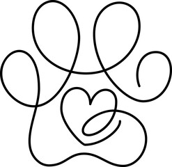 Heart with cat or dog paw in continuous one line drawing. Minimal line art. Animal foorprint in heart. Pet love concept
