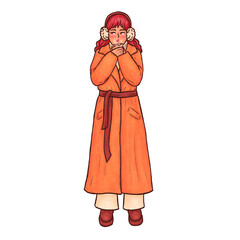 Illustration of a girl in an orange coat. Autumn vibe. Cold weather. Girl warm her hands