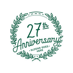 27 years anniversary design template. 27th anniversary celebration hand drawn logotype. Vector illustration.