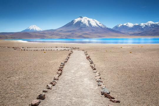 Trail to Laguna Miscanti, salt lake in Atacama desert, volcanic landscape, Chile