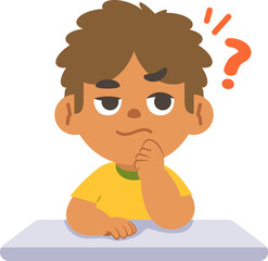 A black boy in doubt or have a question on the desk, illustration cartoon character vector design on white background. kid and education concept.
