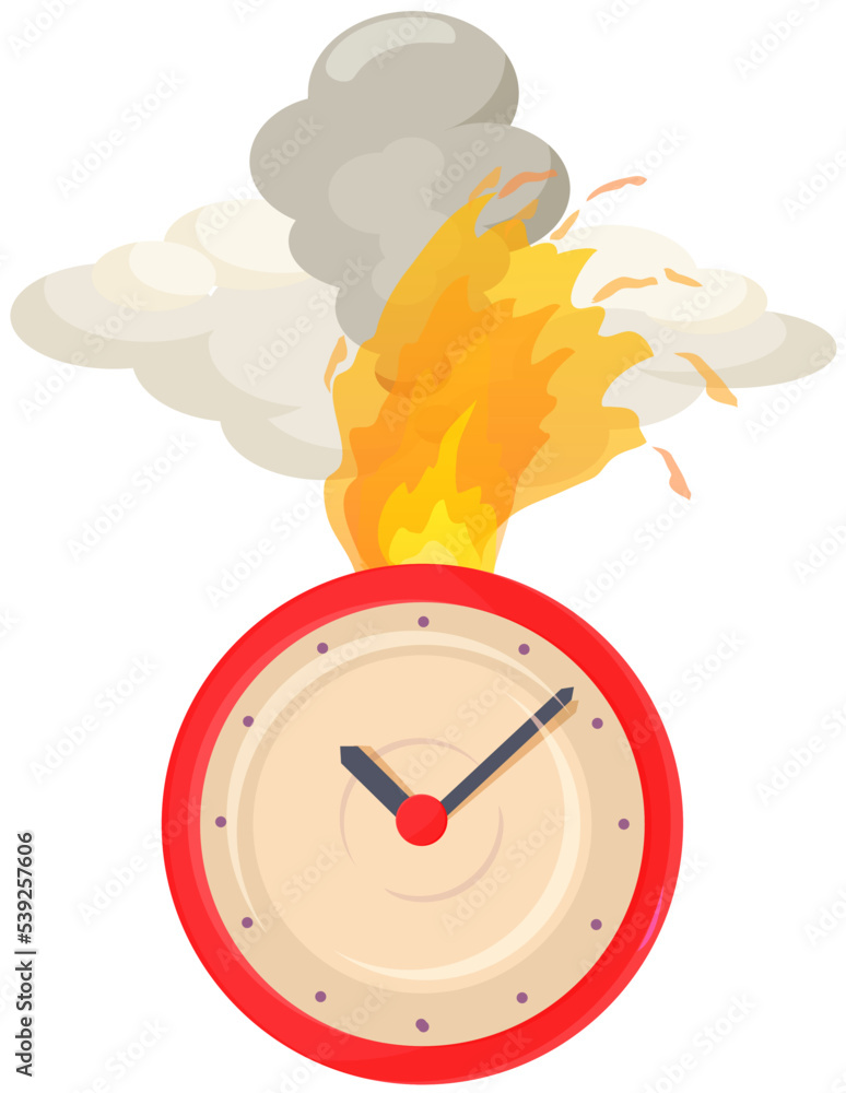Poster burning clock isolated on white background. few minutes left until end of term. clock shows remainin