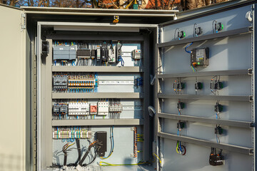 Electric control panel outside. Waste water equipment electrical automation cabinet. Open box with...