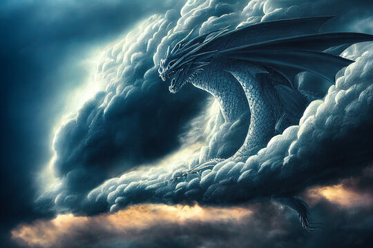 Huge mystical dragon flying through clouds in sky in a storm