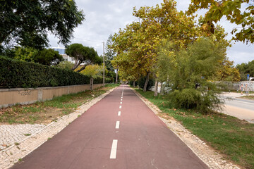 Fototapeta na wymiar Bicycle lane painted in Red in Portugal