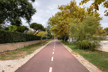 Fototapeta na wymiar Bicycle lane painted in Red in Portugal