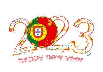 2023 Year in grunge style with flag of Portugal.