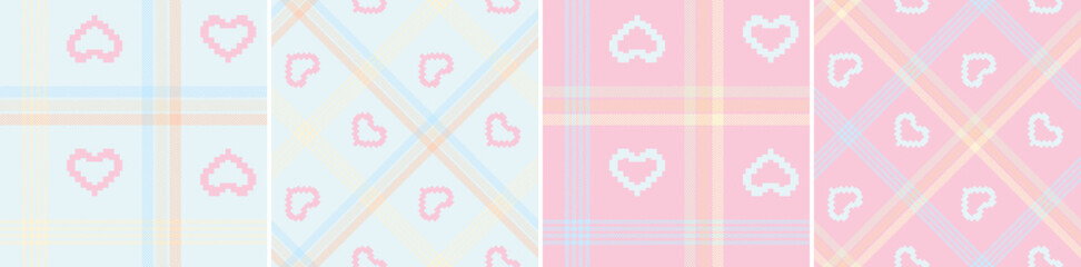 Set check plaid seamless pixel pattern with hearts.