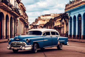 Kuba Havanna Classic American Cars  auf der Strasse Digital 3D Rendering AI