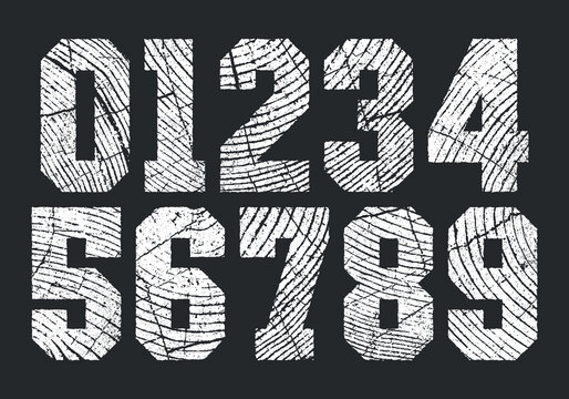 Rough Wood Grain Numbers with a Rough Woodcut, letterpress texture. Detailed individually textured characters. Unique design font.