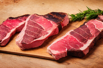 Red tasty meat with tasty spices on wooden background.