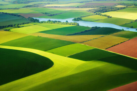Aerial view of cultivated agricultural farming land with vivid green color with river passing by, digital illustration with matte painting