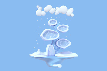 Cartoon abstract 3d house on an island in winter on a homogeneous background is isolated. Winter Christmas concert. 3d illustration from copy space