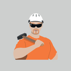 Red haired worker  holding a hammer and wearing helmet with the glasses