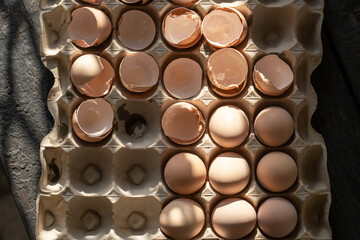Paper tray full of fresh eggs and broken eggs, farm eco friendly products.