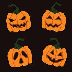 Set pumpkin on dark background. Halloween symbol, spooky scary vector illustration, autumn holiday stickers flat style