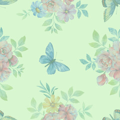 Butterflies and flowers, seamless botanical pattern. Abstract background of flowers and butterflies for wallpaper, print, wrapping paper.