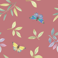 Abstract botanical pattern. Watercolor butterflies and leaves seamless ornament for design.