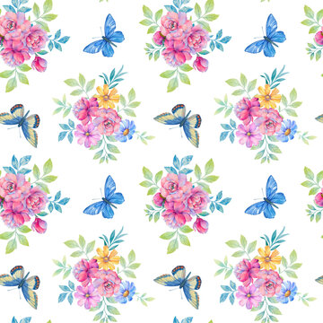 Abstract pattern of butterflies and flowers. Seamless botanical pattern for design. Bright flowers and butterflies for wallpaper, print, scrapbooking.