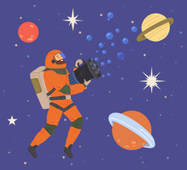Fototapeta premium Astronaut man flying among planets and rockets. Guy dressed as spaceman with soap bubble machine. Person in costume of space explorer flying in space. Outfit for show, holiday in cosmic style