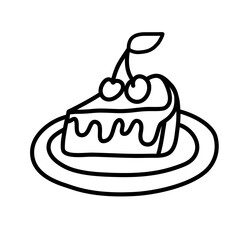 Chocolate Cake with Cherries on a Plate in Cartoon Doodle Style. Graphic Sketch of Food, Dessert, Sweet Pastries. Vector Icon, Print, Logo Isolated on a White Background.