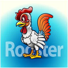 Vector illustration, rooster cartoon mascot on blue background.