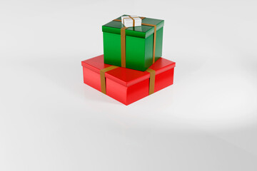 Pile of Christmas gifts. Big to small. On white background. Red, green and white with gold ribbon.