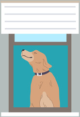 Character dog looking out opened window with jalousie, cartoon illustration, doggy on balcony in apartment. Pet is waiting for its owner at home, looking outside, breathing fresh air, happy pooch