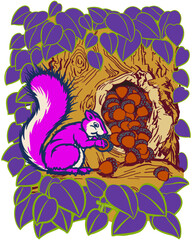 pink squirrel leaves acorn storing