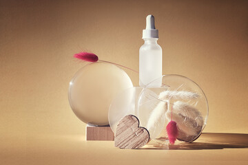 Moisturizing serum mockup with blank bottle. Serum in milky white glass vial. Abstract glass...