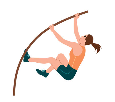 Woman pole vault. Character performs at Olympic Games or World Cup and sets records, active young girl in competitions. Hobby, activity and leisure. Athletics. Cartoon flat vector illustration