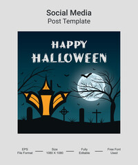Happy Halloween Social media post template design. Pumpkin with Horror Halloween Concept. Vector illustration for greeting card, invitation, web banner advertising, poster.