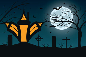 Happy Halloween Night Background. Halloween pumpkins, Graveyard, Spooky trees and Haunted House with Horror Halloween Concept Vector Illustration.