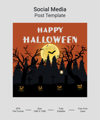 Happy Halloween Social media post template design. Pumpkin with Horror Halloween Concept. Vector illustration for greeting card, invitation, web banner advertising, poster.