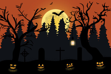 Happy Halloween Night Background. Halloween pumpkins, Graveyard, Spooky trees and Haunted House with Horror Halloween Concept Vector Illustration.