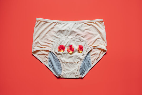 Reusable Period Underwear on red background. Absorbent and Affordable Period panties to absorb menstrual fluid