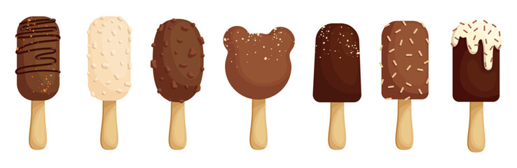 A set of ice cream in chocolate. Various milk desserts cartoon popsicles. Vector graphics.