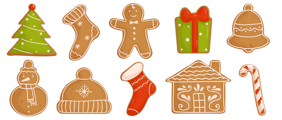 Set of Christmas gingerbread cookies with icing.Cartoon vector graphics. - obrazy, fototapety, plakaty
