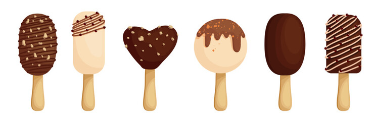 A set of ice cream in chocolate. Various milk desserts cartoon popsicles. Vector graphics.