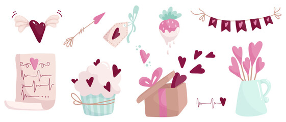 Set of cartoon holiday paraphernalia for Valentine's Day.Vector graphics.