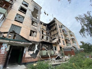 Destroyed and damaged residential buildings in Hostomel after Russia's invasion of Ukraine