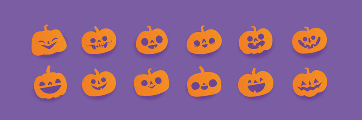 Halloween carved pumpkins. Jack O lantern flat icons.