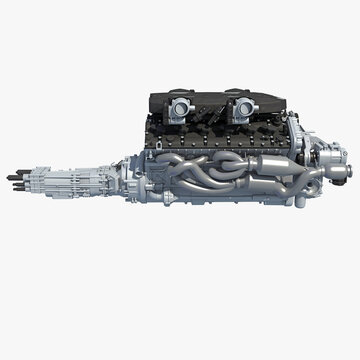 V12 Car Engine with Automatic Transmission 3D rendering on white background